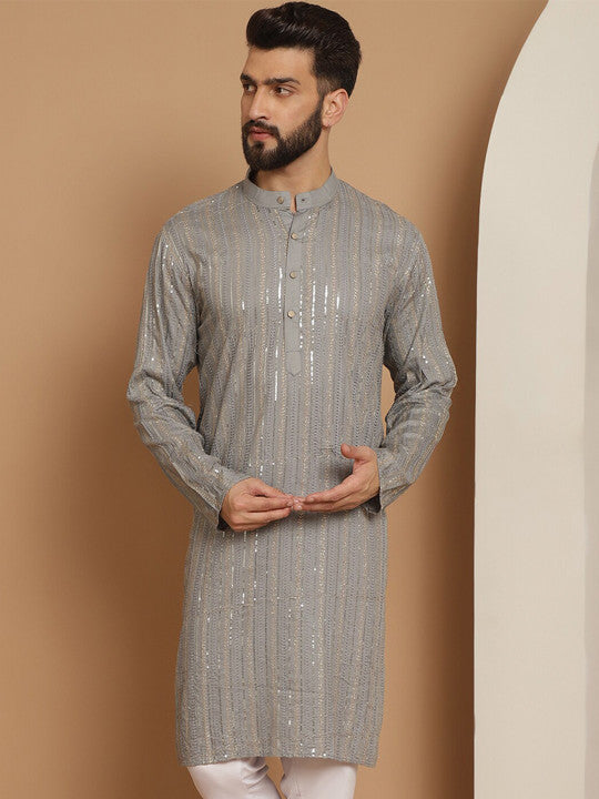 Anouk Grey Striped Band Collar Sequinned Detailed Cotton Straight Kurta