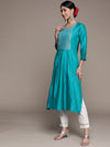 ISHIN Womens Silk Blend Blue Embroidered A-line Kurta