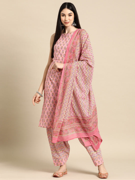 anayna Floral Printed Boat Neck Pure Cotton Kurta With Salwar & Dupatta