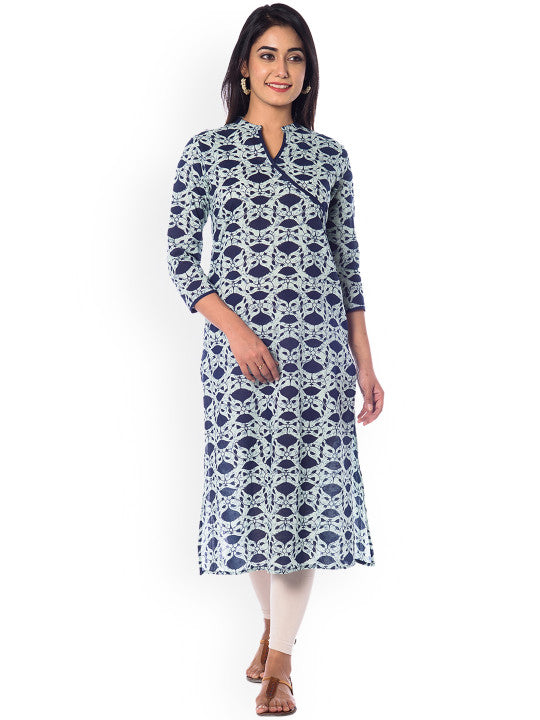 Women Navy Blue & Off-White Printed Straight Kurta