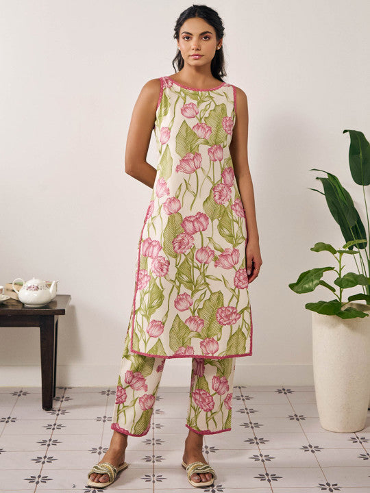 anayna Floral Printed Round Neck Thread Work Straight Kurta with Trousers