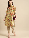 All about you Women Mustard Yellow & Red Floral Print Chanderi Silk Blend Straight Kurta