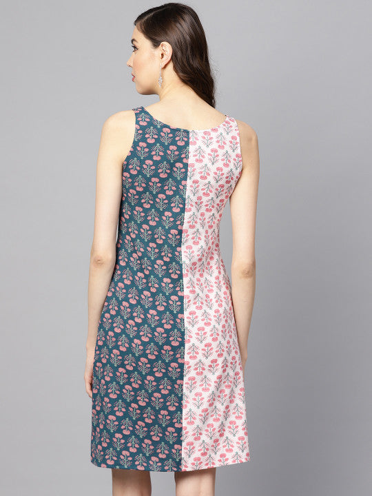anayna Women Teal Blue & Pink Printed A-Line Dress