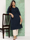 Yufta Plus Size Floral Embroidered Chikankari Indigo Pure Cotton Kurta