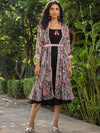 Scakhi Floral Printed Smoking Cuffed Sleeves Ethnic Dress With Shrug And Belt