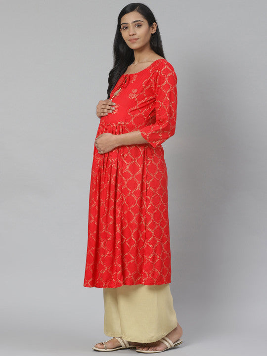 Women Red & Golden Printed Feeding Maternity A-Line Kurta
