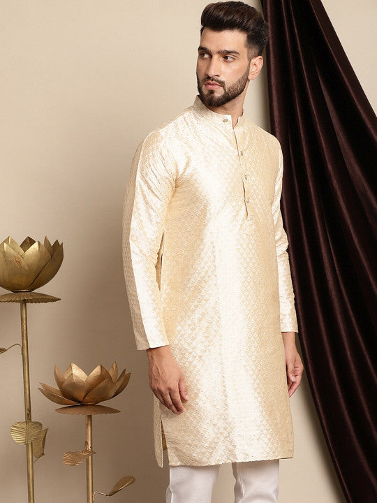 Ethnic Motifs Woven Design Band Collar Silk Cotton Regular Kurta
