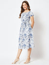 Here&now Floral Printed Boat Neck Puff Sleeves Fit & Flare Midi Dress