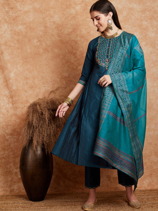 Sangria Teal Blue Embroidered Zari Sequence A Line Kurta & Trousers Dupatta