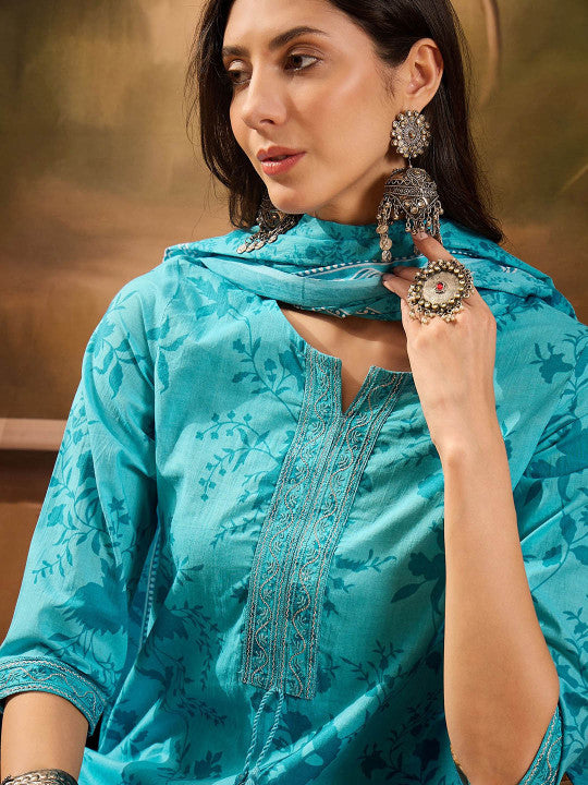 Sangria Women Floral Printed Cotton Kurta with Trousers & Dupatta