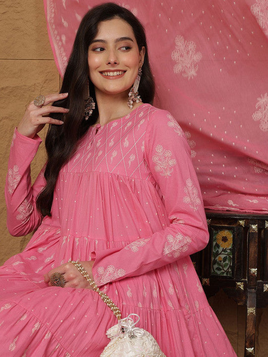 Sangria Floral Embroidered Empire Anarkali Pure Cotton Kurta & Palazzo With Dupatta