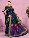 Sangria Navy Blue Ethnic Woven-Designed Festive Saree With Blouse Piece
