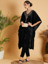 Shae by Sassafras Black Floral Yoke Design Extended Sleeves Sequinned Velvet Kurta