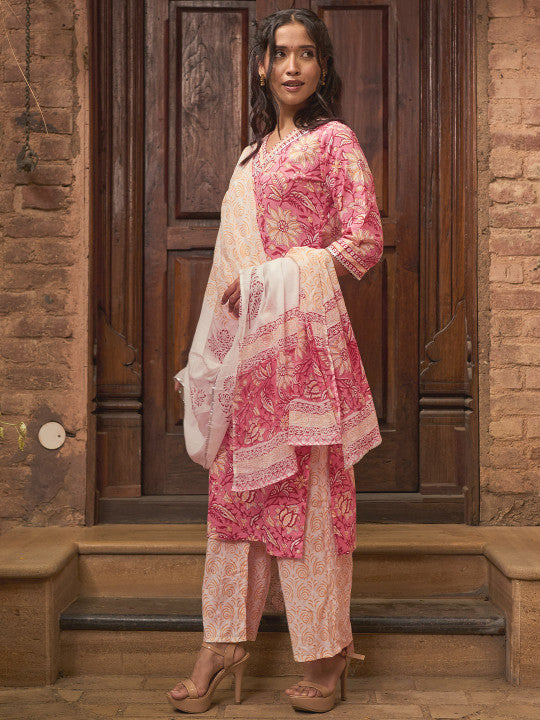 Libas V Neck Floral Printed Gotta Patti Pure Cotton Straight Kurta with Palazzo & Dupatta