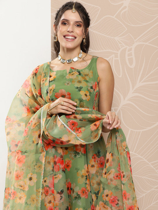 anayna Floral Printed Layered Gotta Patti Kurta with Trousers & With Dupatta