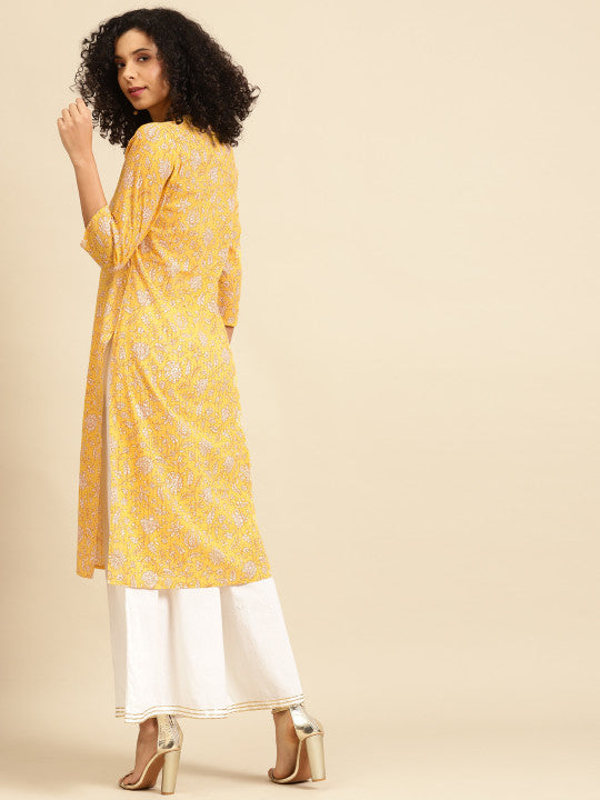 Women Yellow & White Ethnic Motifs Printed Kurta