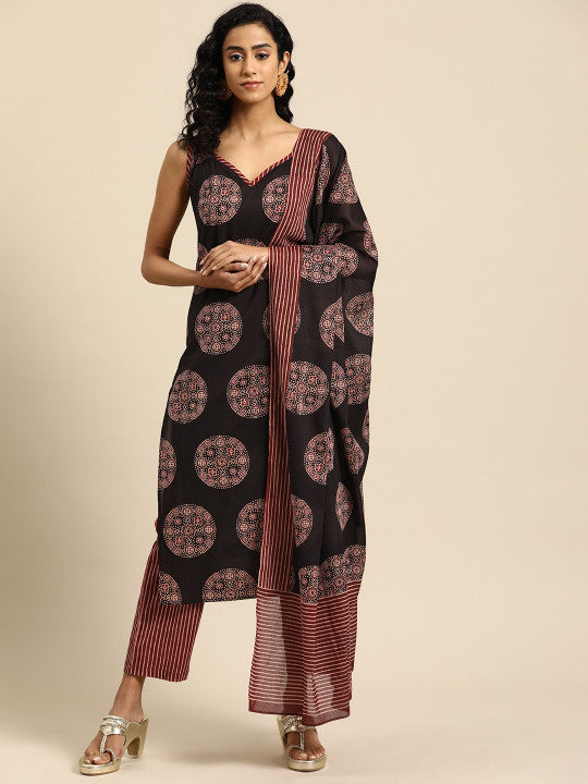 anayna Women Ethnic Motifs Printed Regular Pure Cotton Kurta with Trousers & With Dupatta