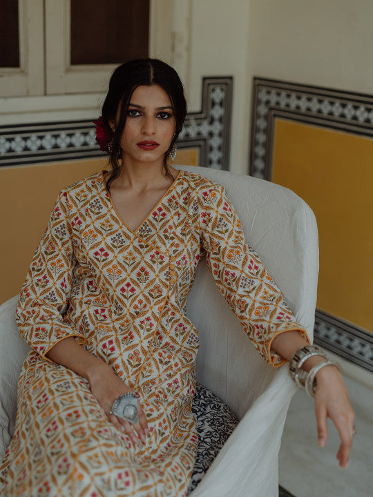 anayna Women White & Beige Pure Cotton Ethnic Motifs Printed Angrakha Kurta