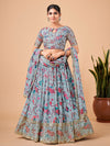 Odette Light Blue Printed and Embroidered Semi Stitched Lehenga With Unstitched Blouse (Set of 3)