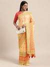 Janasya Yellow & Peach-Coloured Block Print Poly Chiffon Saree