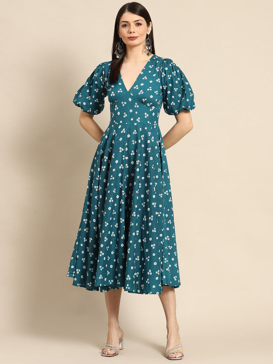 bandhani midi dress Anayna Teal Green & White Bandhani Printed Pure Cotton A-Line Midi Dress, XXL