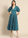 Anayna Teal Green & White Bandhani Printed Pure Cotton A-Line Midi Dress