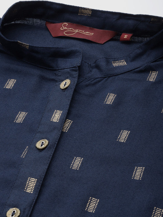 Sangria Women Navy Blue & Golden Printed Kurta with Trousers