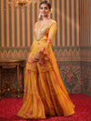 Scakhi Women Yellow Floral Printed High Slit Mirror Work Kurta with Sharara