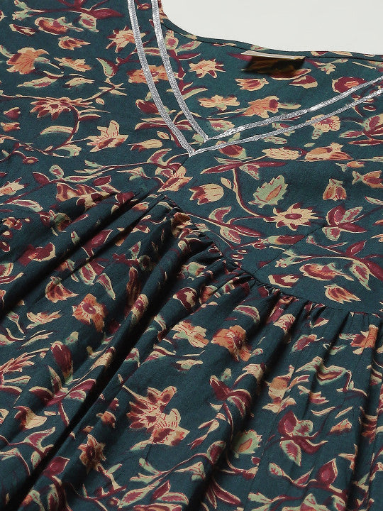 anayna Women Teal Green Ethnic Motifs Printed Pure Cotton Kurta with Trousers & Dupatta