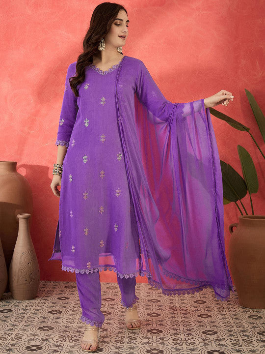 Sangria Floral Embroidered V-Neck Sequinned Straight Kurta Trousers & Dupatta