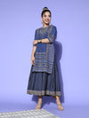 Juniper Women Navy Blue Silk Print Mix Kurta