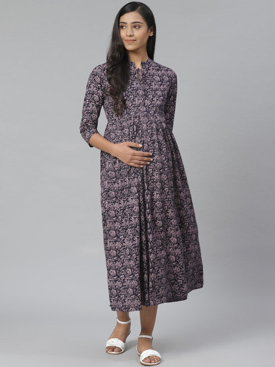 Women Navy Blue & Pink Printed Pure Cotton Maternity A-Line Dress