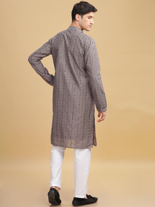 Anouk Grey Ethnic Embroidered Mandarin Collar Sequinned Lucknowi Cotton Straight Kurta