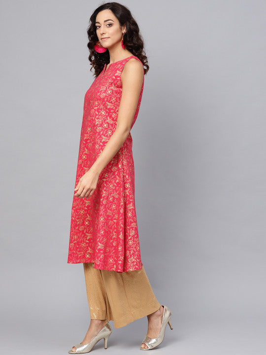 anayna Women Pink & Golden Printed A-Line Kurta