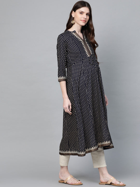 Women Navy Blue & Golden Ethnic Motifs Block Print A-Line Maternity & Nursing Kurta