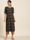 Sangria Women Navy Blue & Golden Ethnic Motifs Printed Keyhole Neck Kurta