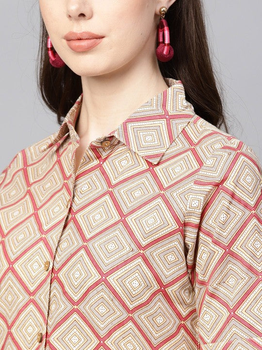 Women Beige & Pink Printed Shirt Dress