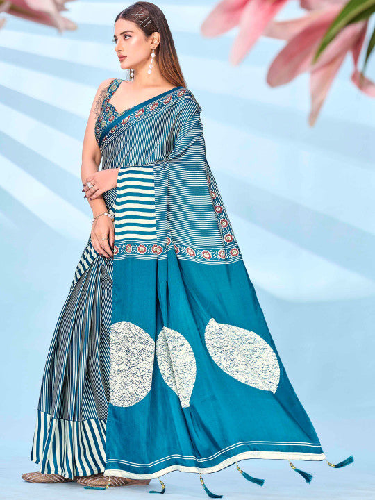 Tikhi Imli Striped Satin Ready To Wear Saree With Blouse Piece