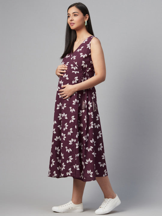 anayna Women Aubergine & White Tropical Print Maternity Wrap Dress