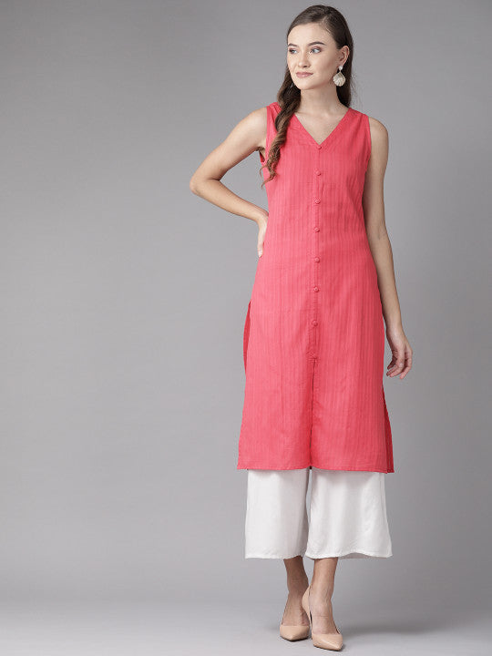 anayna Women Pink Self Striped Straight Kurta