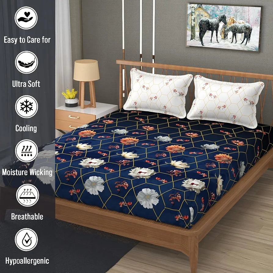 FRESH FROM LOOM Floral Microfiber Cotton Bedsheet for Double Bed |240 TC Queen Size Soft Bed Sheet with 2 Pillow Cover | Anti Fade Printed Bed Cover 