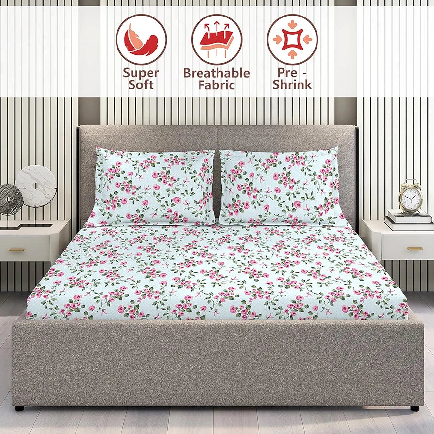 Layers Home Easy 100% Cotton Bedsheet Set for All Seasons - Lightweight, Moisture Absorbent, Machine Washable & Easy to Care - Gift for Housewarming & More - 144 TC - King Size 