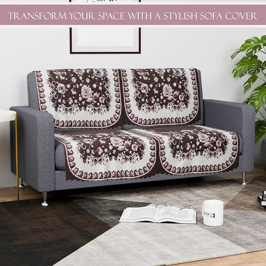 Kuber Industries Set of 6 Durable 2+1 Seater Sofa Covers for Living Room | Easy Machine Washable SOFE ke Cover for Protection & Comfort for Home Furniture | Gulab - White Brown