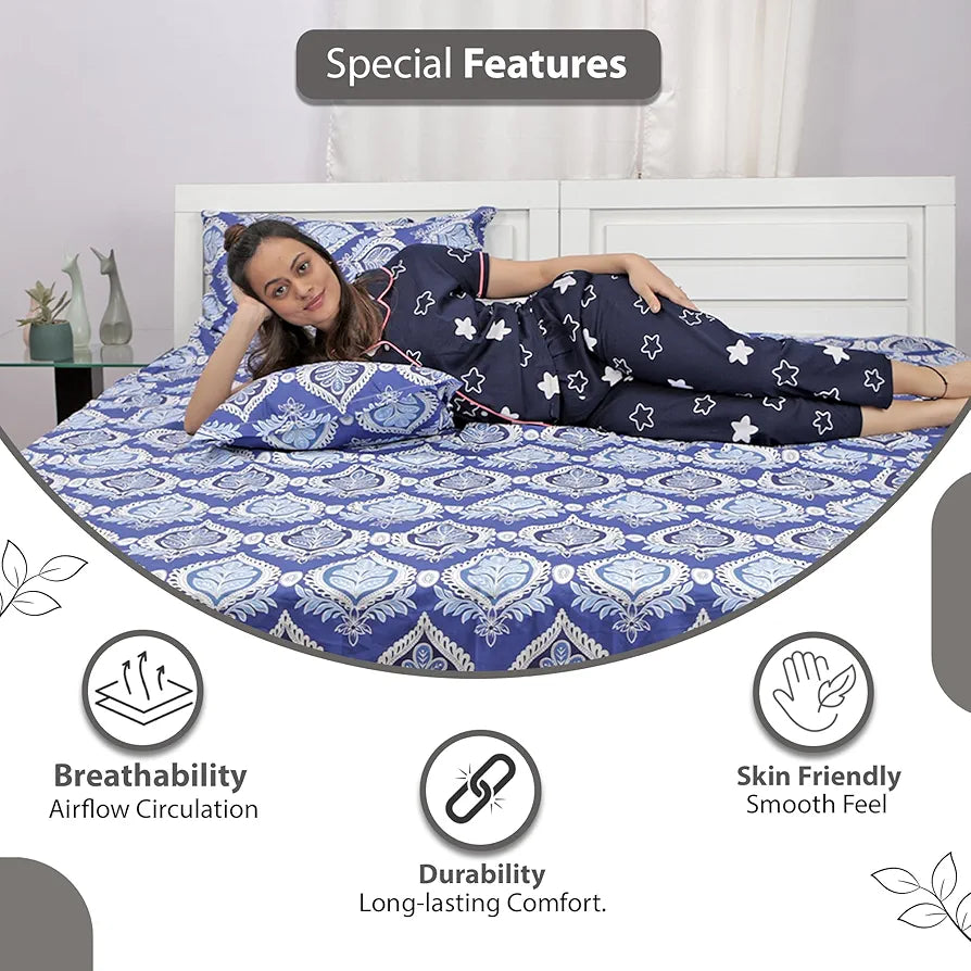 Divine Casa - 144 TC Super Soft 100% Cotton Bedsheet for Double Bed  144 Thread Count - Floral, Dazzling Blue| 222 x 254 cm