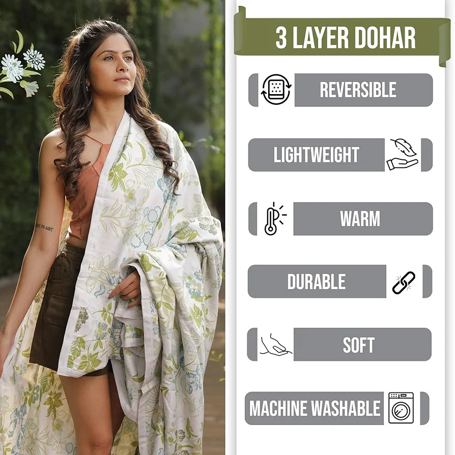 Divine Casa Floret 100% Cotton Double Dohar | 120 GSM | Soft & Lightweight Throw Blanket | Reversible Design | Cozy & Breathable Bedding | All-Season Comfort | 220 x 205 CM, Floral Breeze