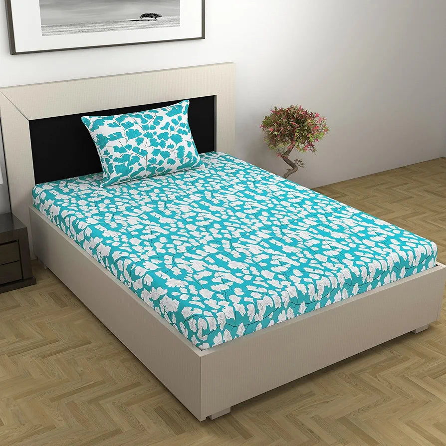 Divine Casa Bedsheet for Single Size Bed 144 TC Cotton Bedsheet for Single Size Bed with 1 Pillow Cover  Floral Aqua & White Cotton Bedsheet
