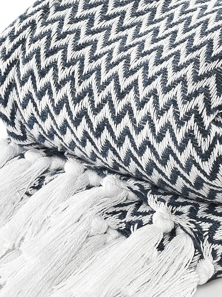 SASHAA WORLD Chevron Throw Blanket Handwoven with Fringes | Throw for Living Room, Bed, XL Sofa & Chair | Navy Throw Blanket | 170x250 cm Pack of 1