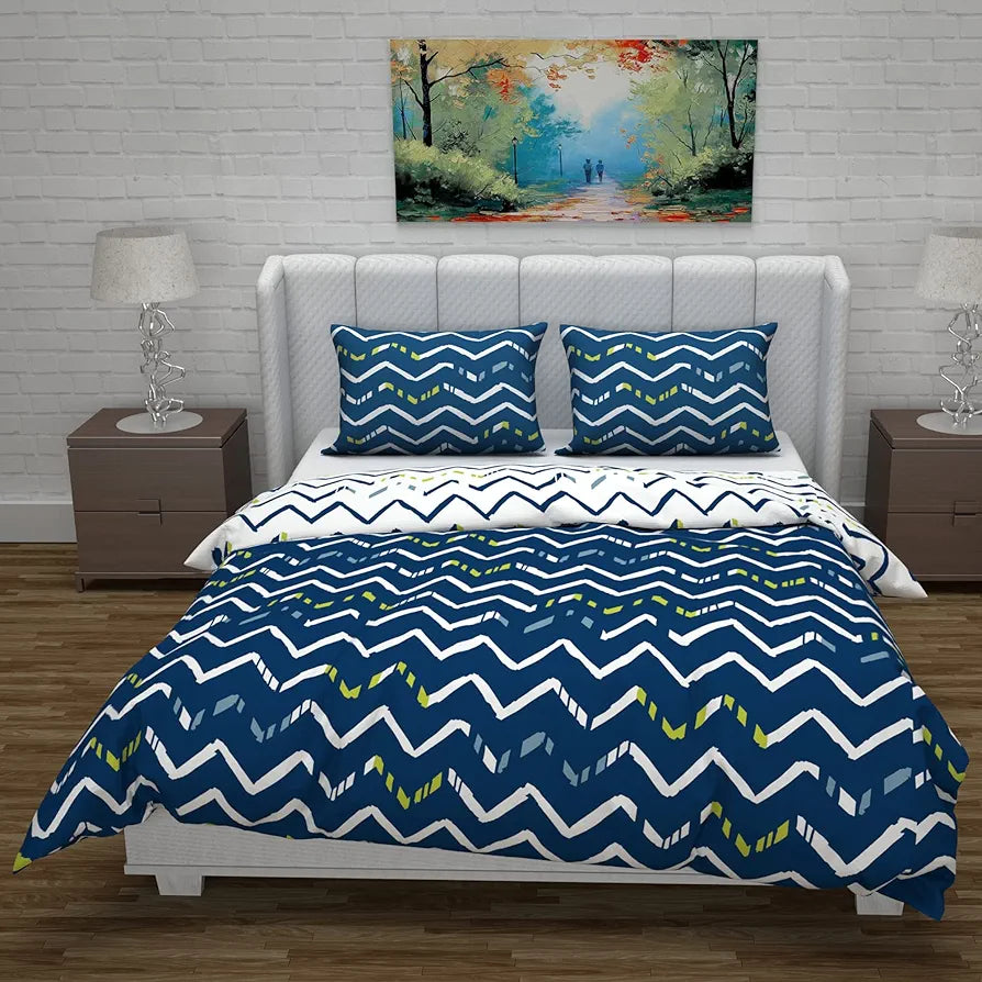 Divine Casa Micro Polyester Reversible Double Bed Queen Size Floral Printed Duvet Cover, Dark Blue and White