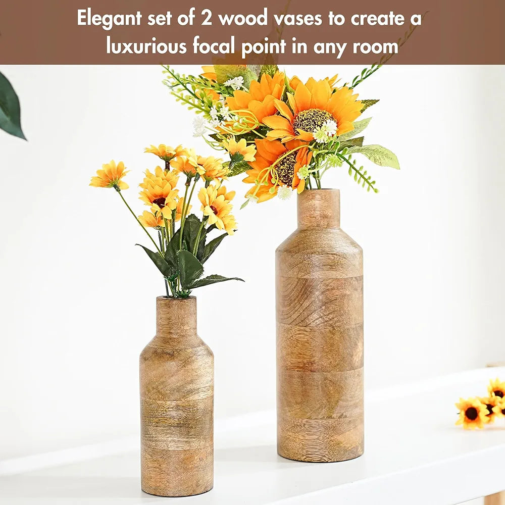 Behoma Wooden Flower Vase Set of 2, Bottle Shape Mango Wood Vases for Flowers for Decor Home Living Room Kitchen Office, Natural Light Brown Finish | Height - 9 inch  & 5.9 inch 
