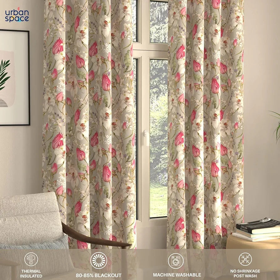 Urban Space Blackout Curtains 7 Feet Set of 2 for Door, 80-85% Light Blocking Curtains for Living Room, Digital Printed Curtains with Eyelets, Tieback Included 
